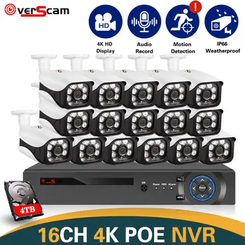H. 265 CCTV Kamera Security System Súpravy, POE 4K 16CH NVR Súprava Vonkajšia Audio Vodotesný IP Black Video Surveillance Camera System Set