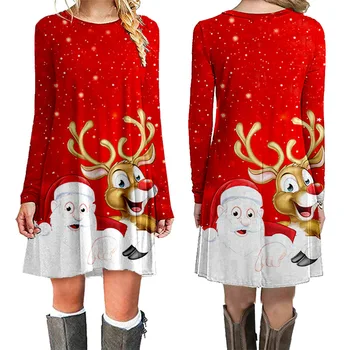 Vianočné Šaty Žien Zimné Šaty Žien Zimné Vianočné Tlač Mini Šaty s Dlhým Rukávom Ženy Oblečenie veľkoobchod kostým