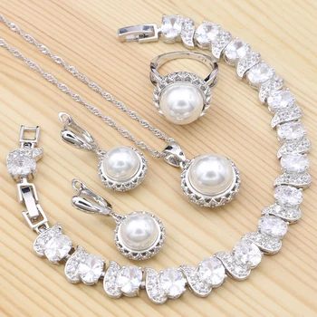 925 Silver Svadobné Šperky Bielymi Zirkónmi s Perlami Šperky Sady pre Ženy Náramky/Náhrdelník/Prívesok/Náušnice/Krúžok