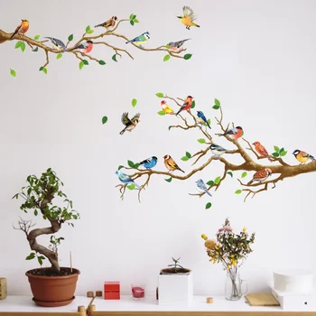 Čínsky Štýl Vintage Vták Nálepky Obývacia Izba Gauč Stenu Decor Nálepky Nástenné Art 3D Strom Pobočky Zelené Listy Stikers