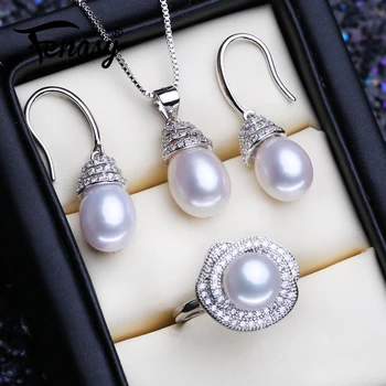 FENASY 925 Sterling Silver Šperky Sady Prírodné Perly Drop Náušnice, Náhrdelník Luxusné Prívesok Reťazca Náhrdelníky Pre Ženy Prsteň