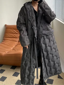 Luxusné Ženy Zimné Výšivky Dlho nadol bunda 2022 Nové Kapucňou Hnedé Nadrozmerné Kapucňou Puffer bunda Čierny kabát