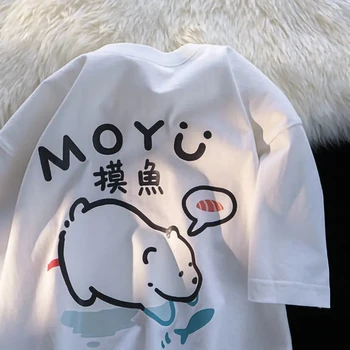 Letné Harajuku 2022 Ženy Biela T-shirts Anime Kawaii loviť Ryby Medveď Tlač Tees Y2k Šaty, Krátky Rukáv Ženské tričká Topy