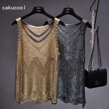 Cakucool nové Zlaté Lurex pletené Letné oblečenie Duté z Diery Sexy tielko camis Bling Základné Košieľka Vintage oblečenie žien