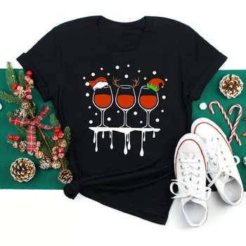 Móda Ženy Troch Pohárov na Víno s Santa Klobúk Vytlačené T-shirts Ženy Oblečenie, Čierne Krátke Rukáv y2k Vianočné T Tričko