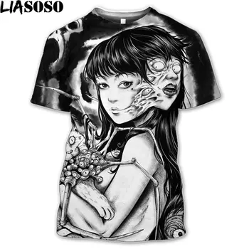 LIASOSO Junji Ito T-shirts Horor Comics Mužov dámske Tričko Ľudskej Prirodzenosti Manhwas Bežné Hip Hop Nadrozmerné Streetwear Swearshirt