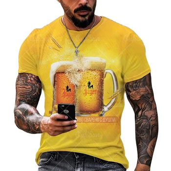 Pánske pivo 3D tlač T-shirt, priedušný polyester kolo krku voľné krátke rukávy T-shirt, 6XL veľké oblečenie nadrozmerná top