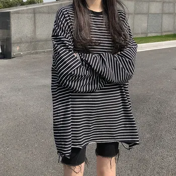 Ženy Nadrozmerné Bežné Okrúhlym Výstrihom, Dlhý Rukáv Voľné Topy Harajuku Pruhované tričká Jeseň Tričko kórejský Streetwear Žena Pop
