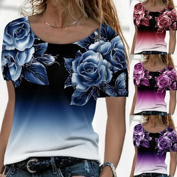 2022 Lete Nové ženské Tričká Až O Krk Rose Tlač Dámy Tees Bežné Krátke Sleeve T-Shirt Ladies Fashion Top Grafické T-Shirt