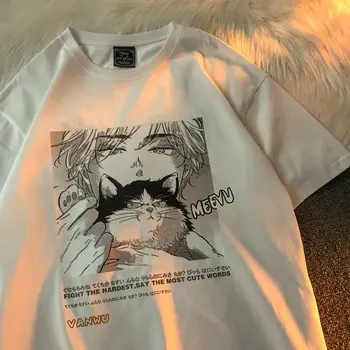 Bavlna Japonské Anime Leto-Krátke rukávy T-shirt pánske Voľné Streetwear Y2k Topy In High Street Grunge Gotický harajuku Košele
