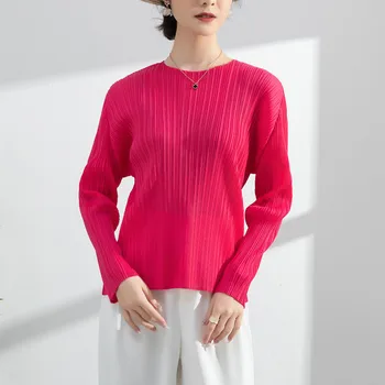 Miyake Skladaný Topy T-shirt Jeseň Roku 2022 Ženy Trendy Plus Veľkosť Oblečenie Asthetic Čisté farby s krátkymi rukávmi Tričko Klesnutie