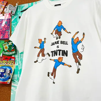 Jamie Bell Je Tintin Legrační Karikatúra Vytlačené Biele Tričko Unisex Krátke Rukáv Voľné Crewneck Top Vintage Štýl Lete Bežné Tees