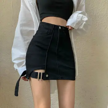 HOUZHOU Sexy Čierna Denim Sukne Ženy Vysoký Pás Asymetrie Slim Wrap Sukne Duté Z Lete kórejský Módne Bežné Streetwear