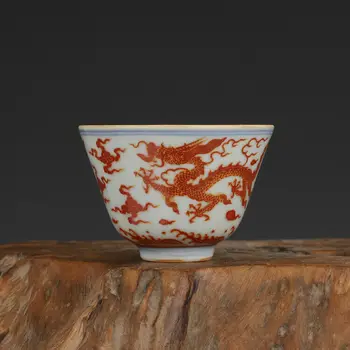Čínsky Kamenec Červené Súkno Ming Chenghua Pozlátený Dragon Dizajn Teacup Pohár 2,7 palca Imitácia Antické Dekorácie, Ozdoby