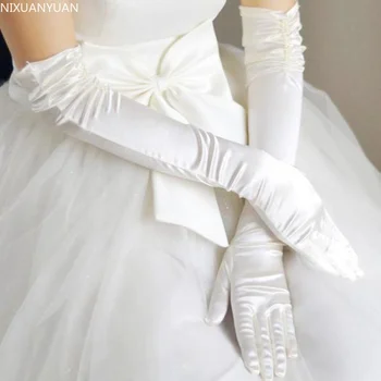 1 Pár Nevesta Svadobné Biele Svadobné Rukavice Slonoviny Dlho Korálkové Elegantné Saténové pre Ženy Prst Gants Mariage Luvas De Noiva