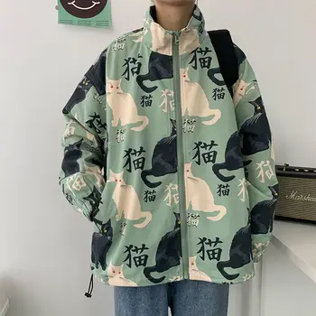 Kawaii Mačka Tlače Hoodie Streetwear Muž Japonsko Mikina Cardigan Topy Bežné Zábavné Jar Jeseň Harajuku Punk Zips Hoodies