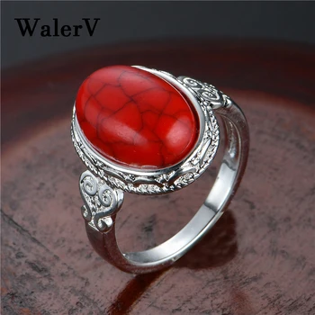 WalerV Retro Šperky pre mužov, Žien Oválne červené Pruhy Turquoises Kamenný Kruh, Osobné Klasická Tibete Prst Krúžky
