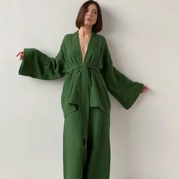 2022 Jar/Leto francúzsky štýl voľné nightgown nohavice dvojité gázy dámske pyžamo jednofarebné bavlnené dámske pot oblečenie