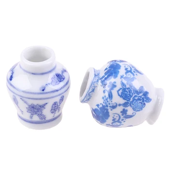 1 Sadu(2ks) Mini Modrá a biela porcelánová váza HOBBY Ručné Doll House Kuchyni Keramická Ozdoba zariadené, pri váza domček pre bábiky Miniatúr