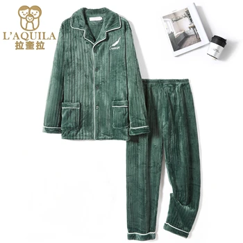 L ' AQUILA 2022 Najnovšie Zimné Zahustiť Teplý Flanel pánske pyžamo Stanovuje Základné Tmavo Zelená Výšivky Dizajn Dvoch-dielny Set Sleepwear