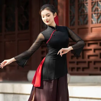Gáza Čínskej Tradičnej Kostým Klasického Tanca Oblečenie, Krátke Cheongsam Fáze Výkonu Top Dlhé Šifón Rukáv, Čierna, Červená, XL