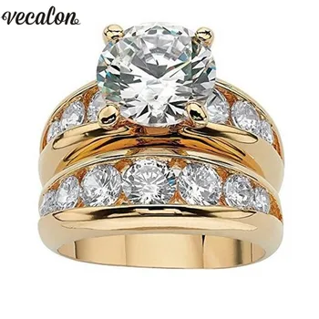 Vecalon Zlatá Farba Solitaire Svadobný Prsteň 925 Sterling Silver 5A Zirkón Kameň Denne Zapojenie Kapela prstene pre ženy Šperky