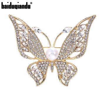 Baiduqiandu Gold/Silver Plated Kamienkami Pripraviť Lietajúci Motýľ Brošňa Pre Ženy Crystal Imitácia Perly Hmyzu Golier Kolíky