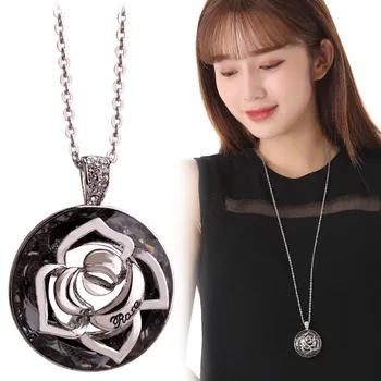 Kórejský Módne Duté Ruže Kvet Prívesok Dlhý Náhrdelník Sveter Reťazca Vintage Crystal Náhrdelník pre Ženy, Odevné Doplnky
