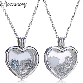 Moonmory Autentické 925 Sterling Silver Plávajúce Srdce Medailón Náhrdelník S Krištáľové Sklo a Drobná Prvky, Prívesky, Šperky