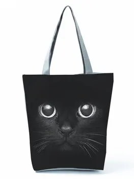 Veľké Oči Black Cat Vytlačené Žien Taška Jednoduchá Kabelka Praktické Umenie Veľká Kapacita Školy Taška Odolná Eco Nakupovanie Vrece