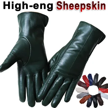 Kožené rukavice žien z ovčej flanelové sliznice zime teplo high-grade čierna dotykový displej farba kožené rukavice jazdy nové