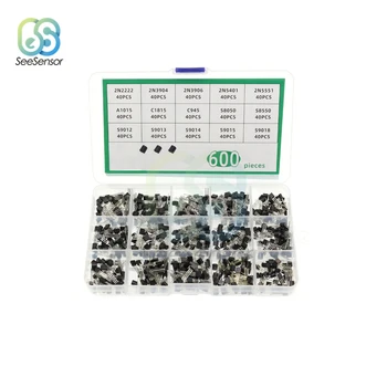 600Pcs 15Values x 40 Ks-92 Tranzistor Sortiment Box Tranzistory Auta 2N2222 2N3904 2N3906 C945 S8050 S8550 S9014 S9013 9018