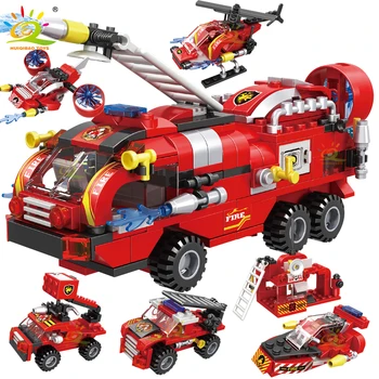 HUIQIBAO 387pcs 6in1 Požiarne Nákladné Auto, Vrtuľník Loď Stavebné Bloky Mesto Výstroje pre Hasičov Údaje Tehly Hračky Dieťa