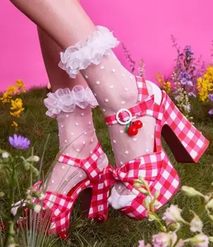 Ženy Platformu Podpätky gingham tlač sandále pracky členok popruhy cherry zobrazili kľúčové tlačidlá zablokovať päty sandále peep prsty luk popruhy obuv