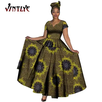 Móda Ženy Oblečenie Afriky Šaty Ankara Tlač tvaru Maix Dlhé Šaty s Hlave Šatku Dashiki Ženy Oblečenie WY749
