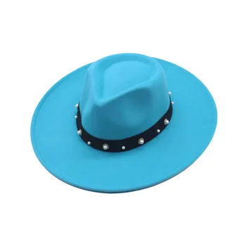 Dámske modré big-brimmed fedora klobúk s reťazca popruhu vlnené cylinder pre jeseň/zima nový štýl jazz klobúk s konkávne konvexný top
