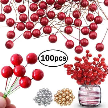 Vianočné Dekorácie Umelé Berry Červené Zlato Cherry Stamen Mini Falošné Plody, Kvety Pearl Korálky pre DIY Vianočný Večierok Plavidlá