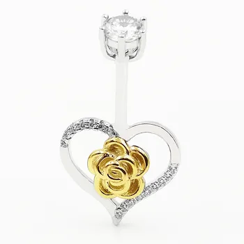Telo Dekorácie 925 Sterling Silver Zlaté Ruže Kvet Srdce Brucho Tlačidlo Krúžky Láska Pupka Piercing Pre Ženy Šperky Darček