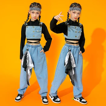 Jazz Kostým Dievčatá Hip Hop Oblečenie Denim Dlhé Rukávy Výkon Outfit Modernej Street Dance Oblečenie Deti Rave Oblečenie BL7230