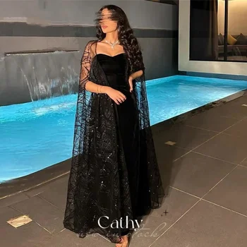 Cathy Black Trúby Prom Šaty, Sexy Večerné Šaty bez Ramienok Flitrami Cape Velvet Textílie فستان سهرة Sexy Morská panna Party Šaty