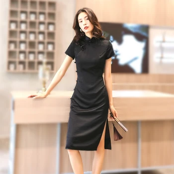 Sheng Coco Elegantné Temperament Dizajnér Cheongsam Šaty Solid Farba Čierna Mäkké Čínsky Štýl Qipao Sexy Plus Veľkosť