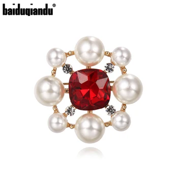 baiduqiandu Značky Red Crystal a Simulované Perly Kvetinové Šperky Brošňa Kolíky pre Ženy Šaty Príslušenstvo