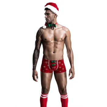4PCS/Nastaví Sexy Mužov Vianočné Cosplay Kostým Bielizeň Strany Clubwear Klobúky Obojky boxerky Ponožky Teddies Odev Bielizeň