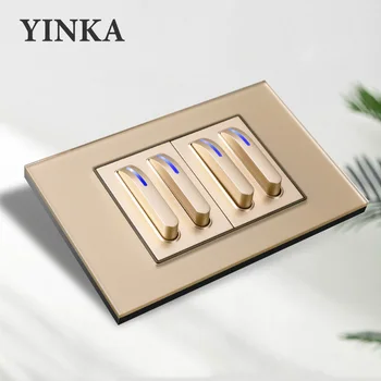 YINKA Zlato Klavír Klávesy Univerzálny Wall Light Switch Tvrdené Sklo Panel Tlačidlo Prepnúť LED Indikátor AC110V-250V 118mm*72 mm