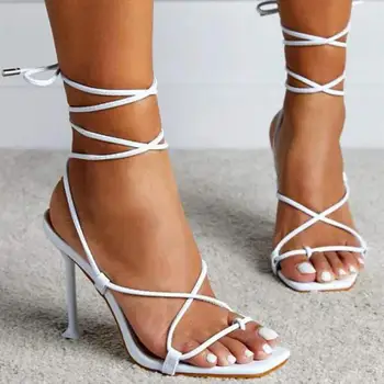 Letné Módne Biela Čierna Otvorené Prst Flip Flop Sandále Ženy Sandále Dizajn Sexy Gladiator Členok Popruh Podpätky 1