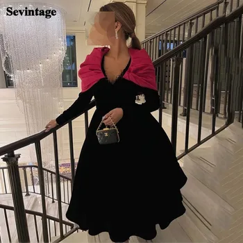 Sevintage Black Velvet Saudská Arábia Prom Šaty Krátke Čiary Dlhé Rukávy Party Šaty Členok-Dĺžka Dubaj Ženy Večerné Šaty
