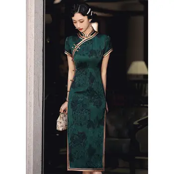 Čínsky Vintage Cheongsam Tmavo Zelená Lepšiu Retro Republikánskej Elegantné Štíhle Dlhé Šaty Qipao Tradičné Oblečenie pre Ženy