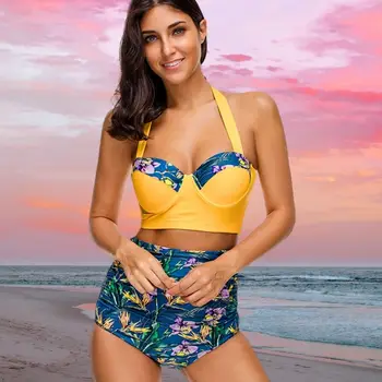 Ženské Zásuvky 2022 jasne Žlté Bruško Kontroly Bikini Modrá Kvetinový Vysoký Pás Nohavice Elegantné Plavky plážové oblečenie
