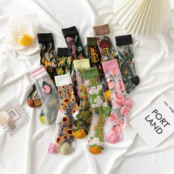 Francúzsko Čerstvá Kvetinová Umelecké Zábavné Ponožky Transparentné Abstraktné Dizajn Čipky Roztomilé Ponožky Ženy Žakárové Sokken Skarpetki Calcetines Mujer