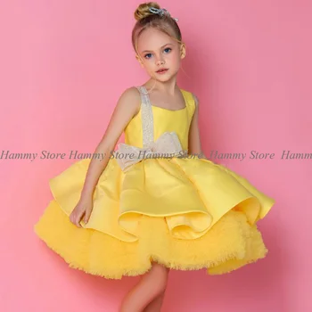Roztomilý Žltá Kvetina Dievča Šaty Námestie Krku Strieborného Luku Volánikmi Satin Party Šaty pre Dievčatá, Narodeniny, Promócie Sprievod Šaty